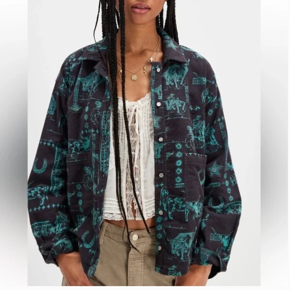 Free People "We the Free" Calico Western Print Flannel Shirt Charcoal Combo - Picture 7 of 9